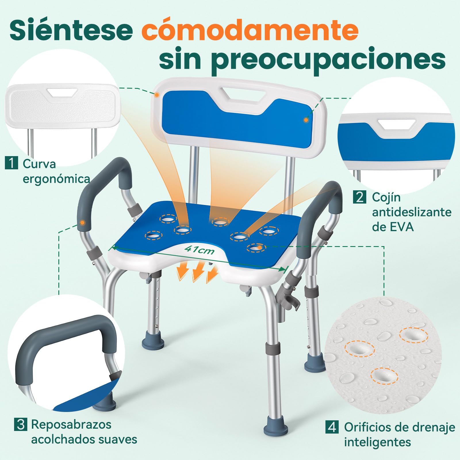 Silla de Ducha Ajustable con Reposabrazos – Asiento de Ducha Antideslizante en U con Respaldo y Reposabrazos Acolchados, Taburete de Baño Ligero para Personas Mayores y con Discapacidad