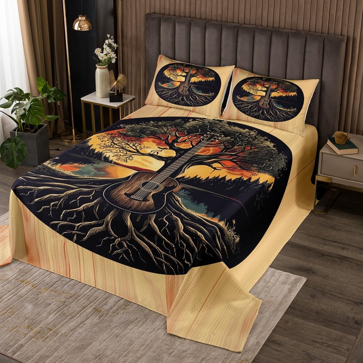Homewish Vintage Guitar Lake Bedspread Twin Size,Rustic Farmhouse Style Quilt 2Pcs,Tree Branch Nature Scenery Bedding Set for Kids Boys Girls Room Decor,Retro Wooden Print Coverlet Set,1 Pillowcase