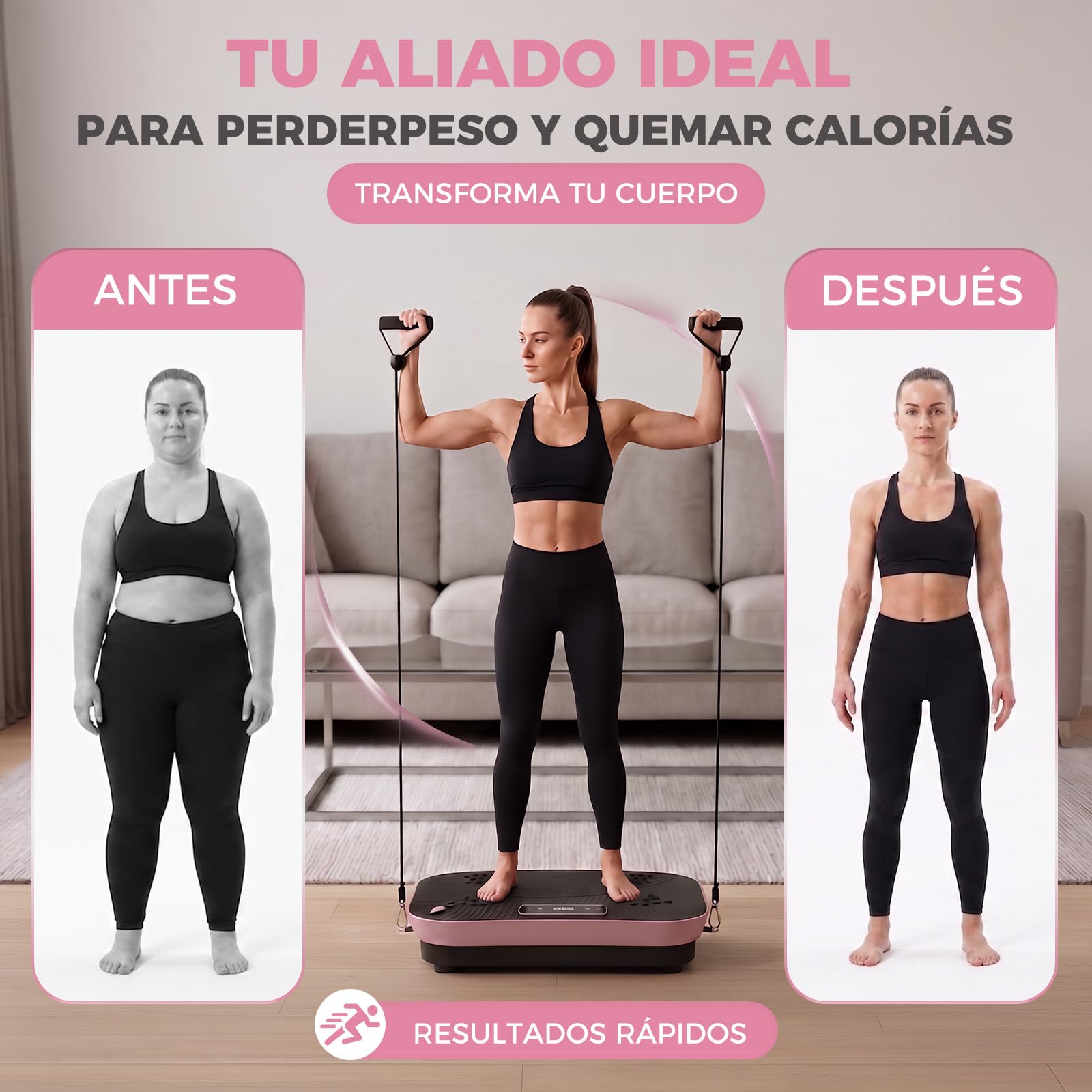 Plataforma Vibratoria Fitness, Máquina Vibratoria para Adelgazar con Bluetooth, Masaje Magnético, Base XL 57cm, Soporta 300 LB, con Bandas