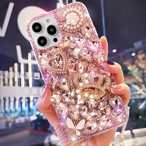Miniatura 10 de Funda con purpurina para iPhone 15 Pro Max, bonita corona 3D con diamantes de imitación de diamantes de imitación de diamantes brillantes de perlas