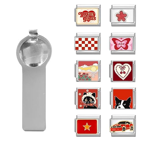 papasgix Italian Charm Bracelet Charms Silver Pack Links Bulk with Opening Tool 9mm Italian Charms 10 Red Italian Modular Bracelet Links Handmade DIY Jewelry Car Cat Dog