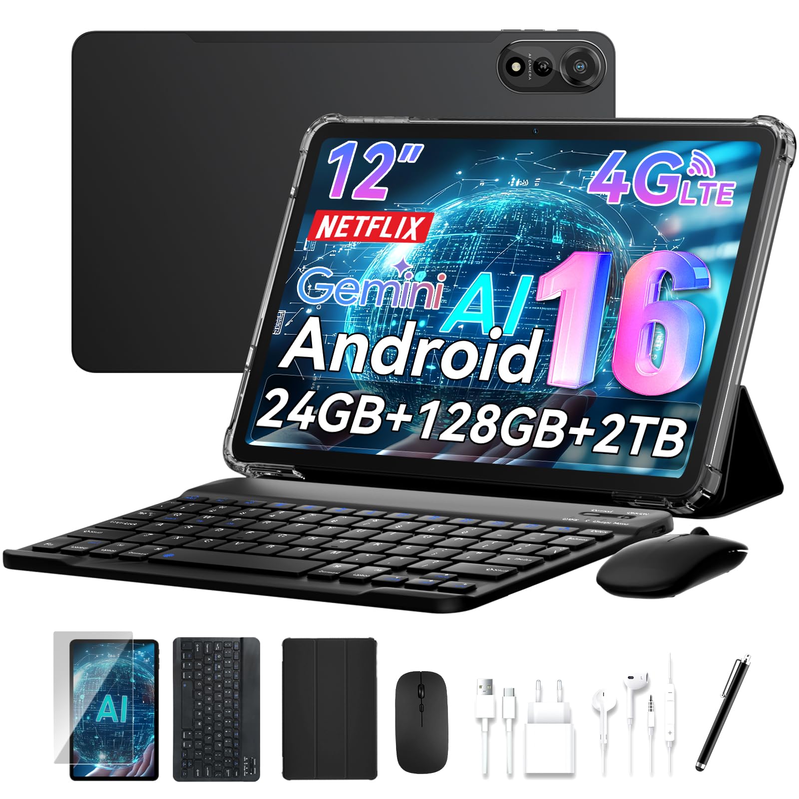 2026 Tablet Android 16,Tablet 12 Pollici con Tastiera,4G LTE+5G WiFi,24GB RAM+128GB ROM,Octa-Core Tablets con Penna/Mouse per lavoro e studio,9000mAh,WideVine L1/Gemini AI/GPS/Face ID,Garanzia 4 Anni