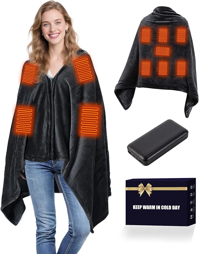 Portable USB Heated Shawl Wraps for Women Men with Battery, Wearable Heated Shawl Blanket Cordless with 11 Heating Zones