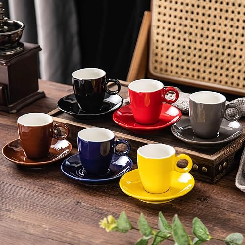 NewSangXia 2.5oz Espresso Cups with Saucers Set, Colorful Coffee Cups Set, Ceramics Tea Cup with Handle, Coffee Mugs Set of 6, Assorted Colors - 5