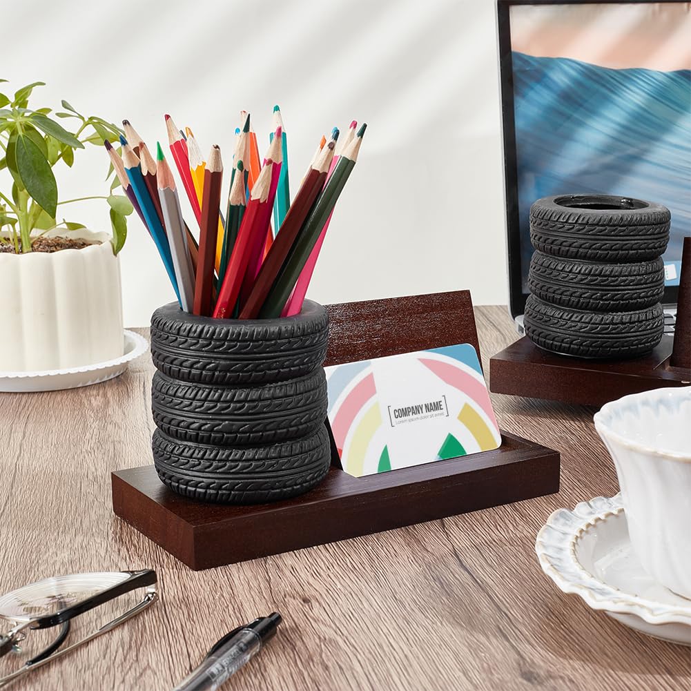 NBEADS 2 Pcs Tire Pen Holder Business Card Holder, Tire Shape Stationery Set Automotive Desk Accessories for Tire Shop Office Mechanics Gifts Car Lovers, Saddle Brown - Image 4