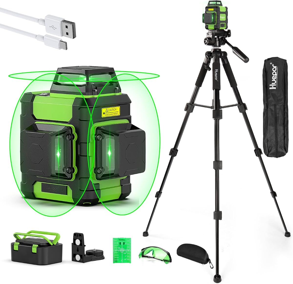 par Nivel Láser 360 con Trípode Alto Autonivelante Recargable HM03CGT | Trípode de 50", duración de batería de 8 horas, carga USB‑C, para construcción y colgar cuadros, modo Pluse, estuche rígido de transporte, gafas