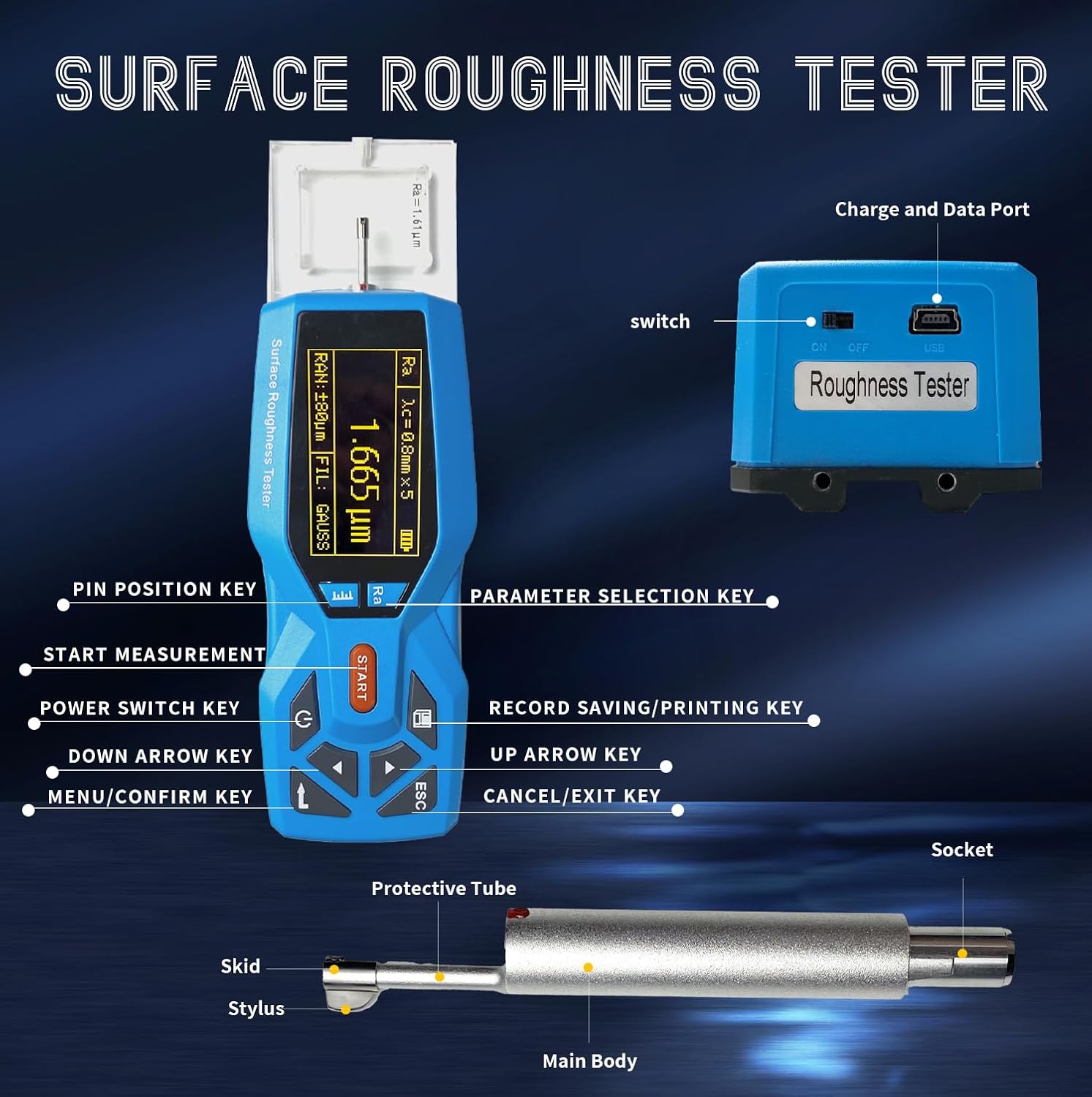 SUNNYSONG 22 Parameters Handheld Digital Surface Roughness Tester Meter kR220- Portable Profilometer with Real-time Clock, Ra Rz Range, and Display for Accurate Surface Measurement