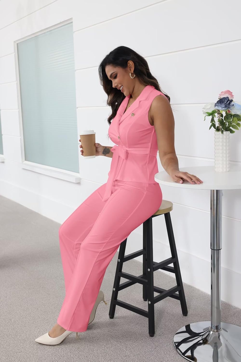 Womens 2 Piece Blazer Pants Set 2025 Trendy V Neck Sleeveless Belted Vest Straight Long Pants Business Suit Sets - Image 4