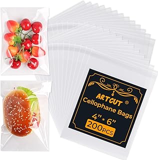 Artcut 200 PCS Cellophane Bags, 4" X 6" Cookie Bags, Self Adhesive Clear Bags, Small Plastic Bags, Clear Cellophane Bags, Halloween Sweet Bags Treat Bags, Self Seal Bags for Snacks, Gifts, Jewellery