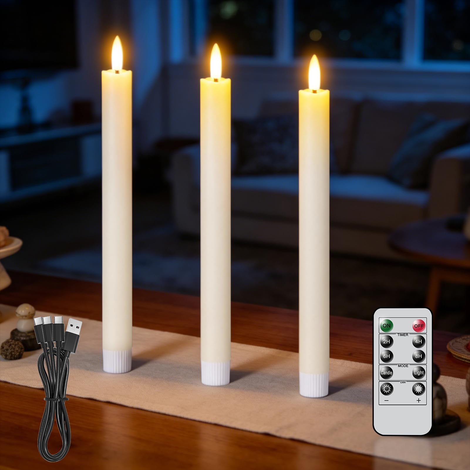 Wondise Velas cónicas recargables sin llama con control remoto y temporizador, velas de cera real que funcionan con pilas, velas LED marfil de 9.6 pulgadas, paquete de 3 velas cónicas para decoración