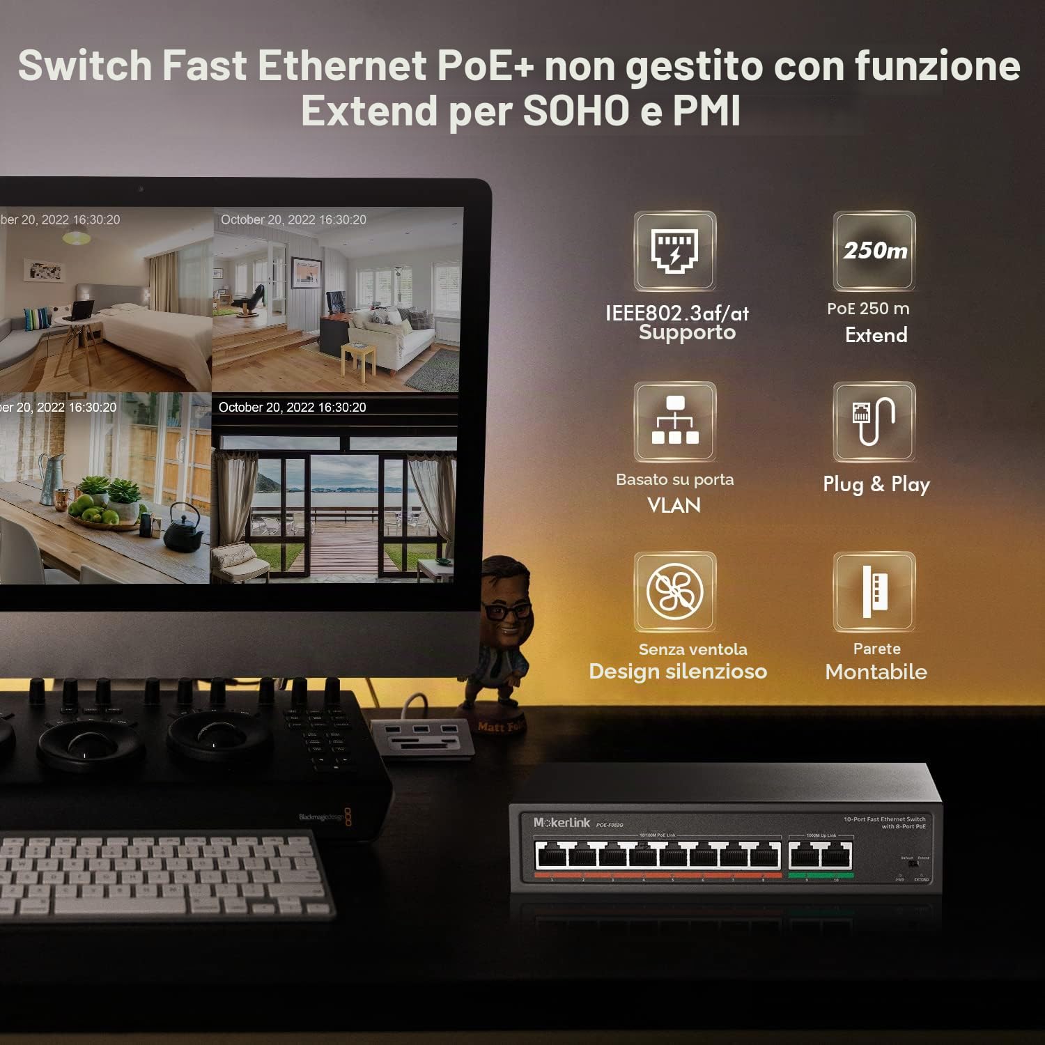 mokerlink Switch Poe 8 Porte, 2 Porte Gigabit Uplink, Poe Plus 802.3af/at, 120W di Potenza Integrata, 250 Metri, Metal Plug & Play