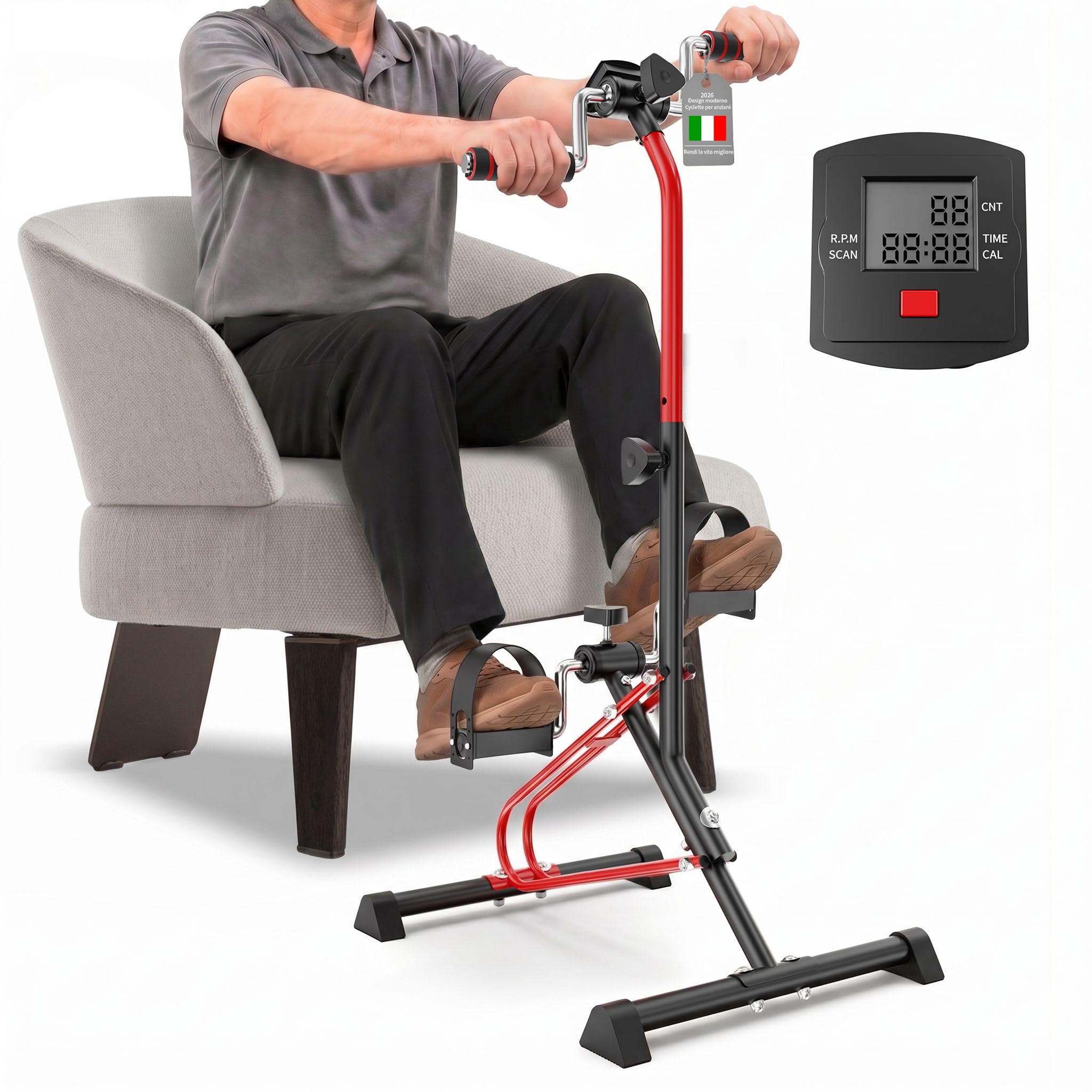 Pedaliera Riabilitazione con Schermo LCD per Gambe e Braccia, Cyclette mini con manubrio e display per ginnastica passiva, bici da camera per casa e home gym