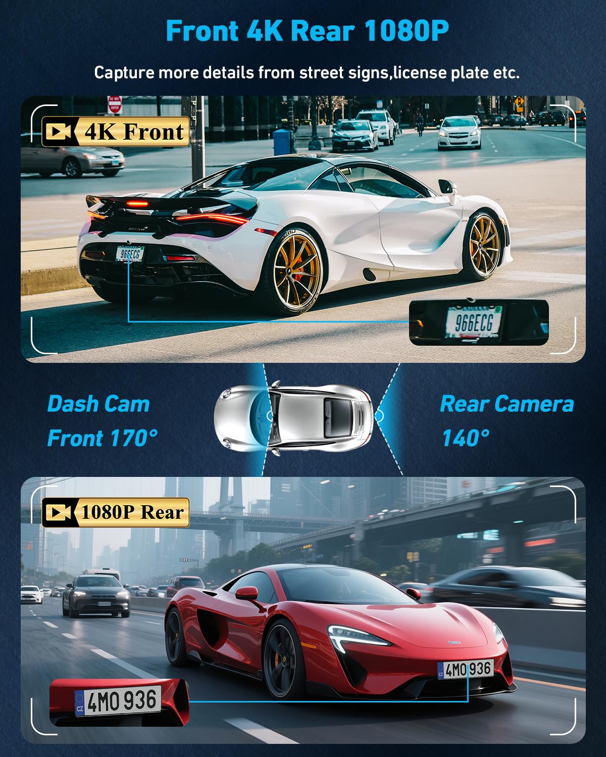 Dash Cam Front and Rear, 4K/2K Dashcams for Cars, Camera for Car with Free 64GB Card, Built-in WiFi GPS, ADAS, Night Vision, Loop Recording, Emergency Lock, 170°Wide Angle, 24H Parking Mode