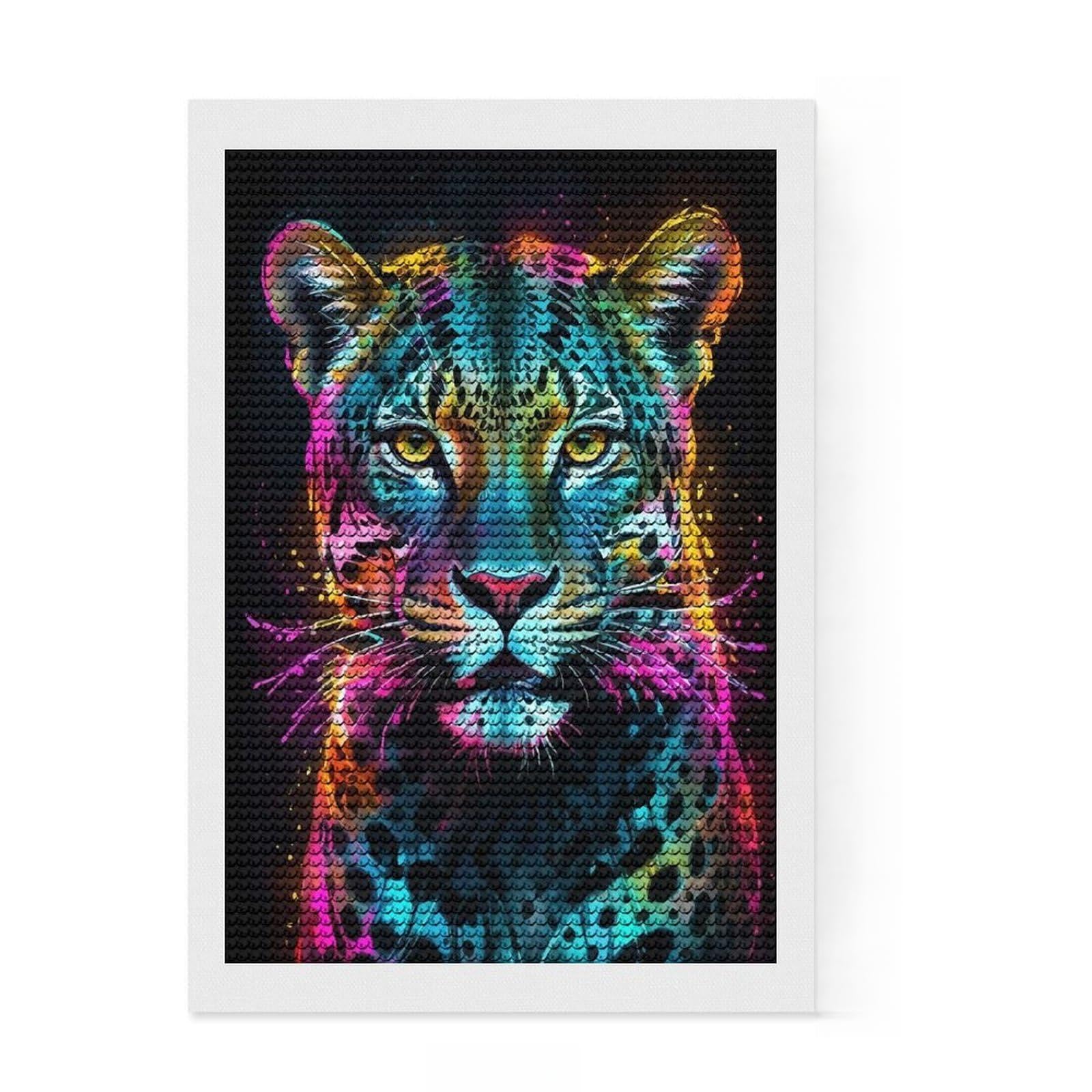 Junmoney Neon Leopard Portrait Round Drill Diamond Painting 8"x12", Adhesive Canvas, Home Decoration, with Tool Kit, Creative Gift Idea