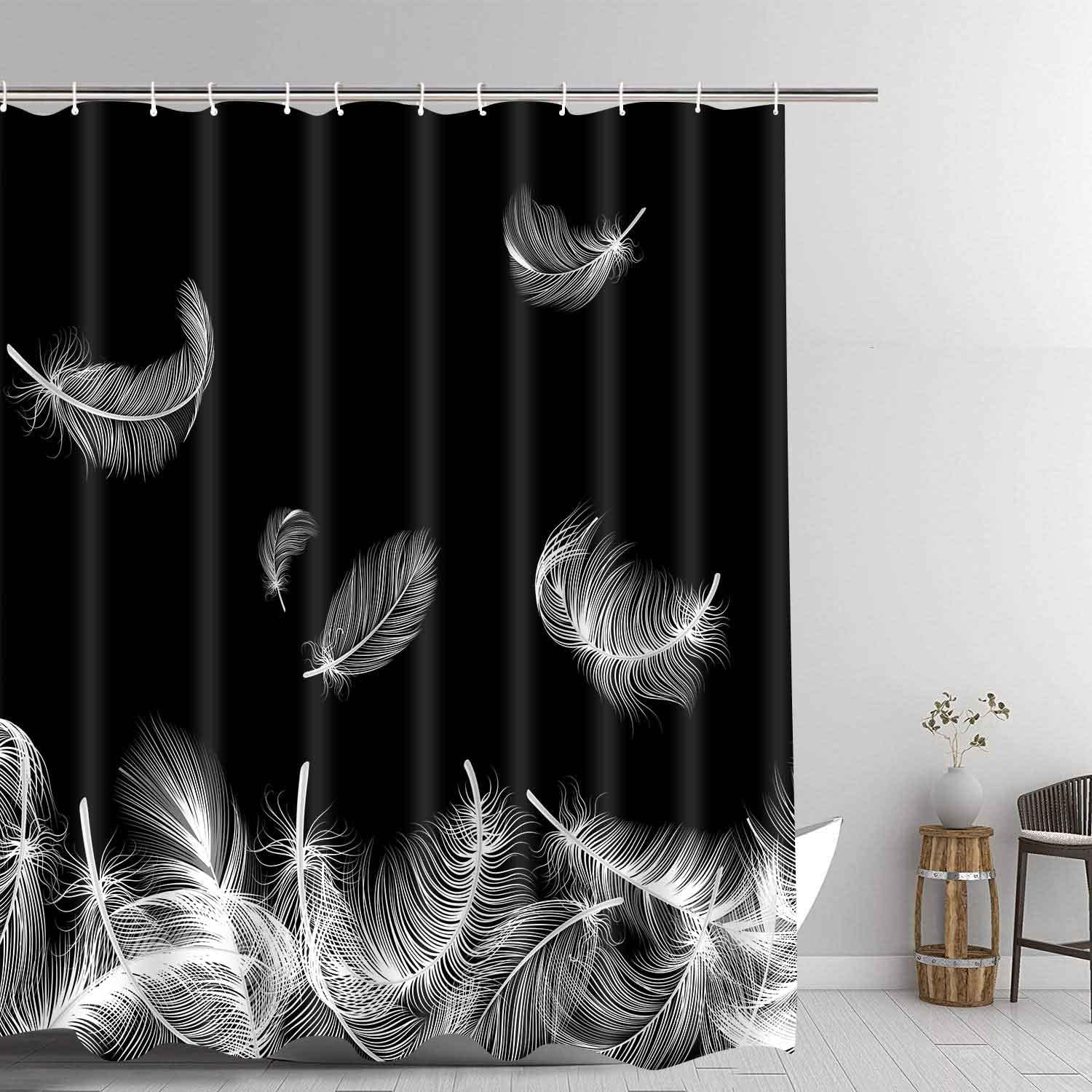 Boho Feather Shower Curtain, White Light Feather Shower Curtain Set, Modern Black and White Artwork Shower Curtains, 12 Hooks, Waterproof Washable Upgraded Polyester, 71"x72", YLXTGU154