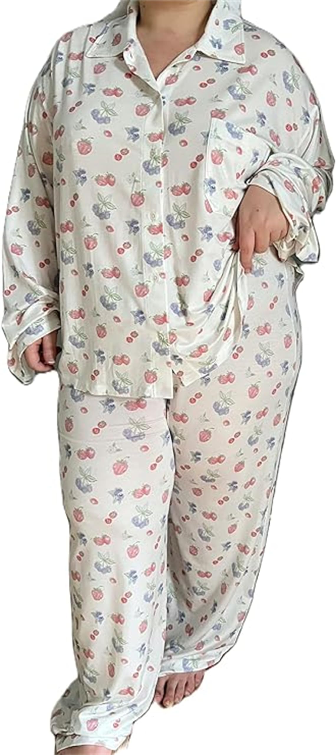ThopavenoirWomen 2 Piece Pajamas Outfits Strawberry Print Long Sleeve Cardigan Shirt Tops and Long Pants Pjs Set Nightwear