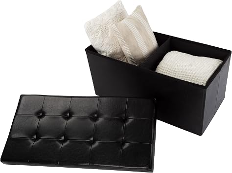 Storage Ottoman - 30-Inch Folding Faux Leather Footrest, Linen Chest, or Bench with Removable Bin for Living Room or Bedroom by Home-Complete (Black)