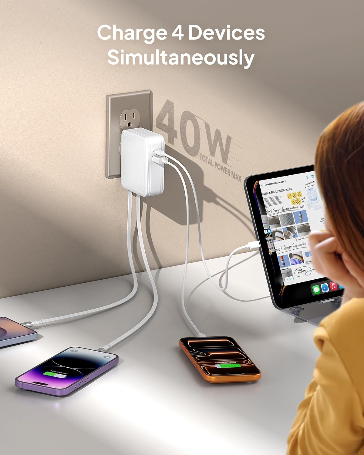 4-in-1 Retractable Wall Charger,40W Retractable Phone Charger Wall Plug,with Dual USB Ports Includes 2.6-ft Lightning& Type-C Cable Fast Charging for iPhone 17 Pro/16/15/14, iPad, Galaxy Series