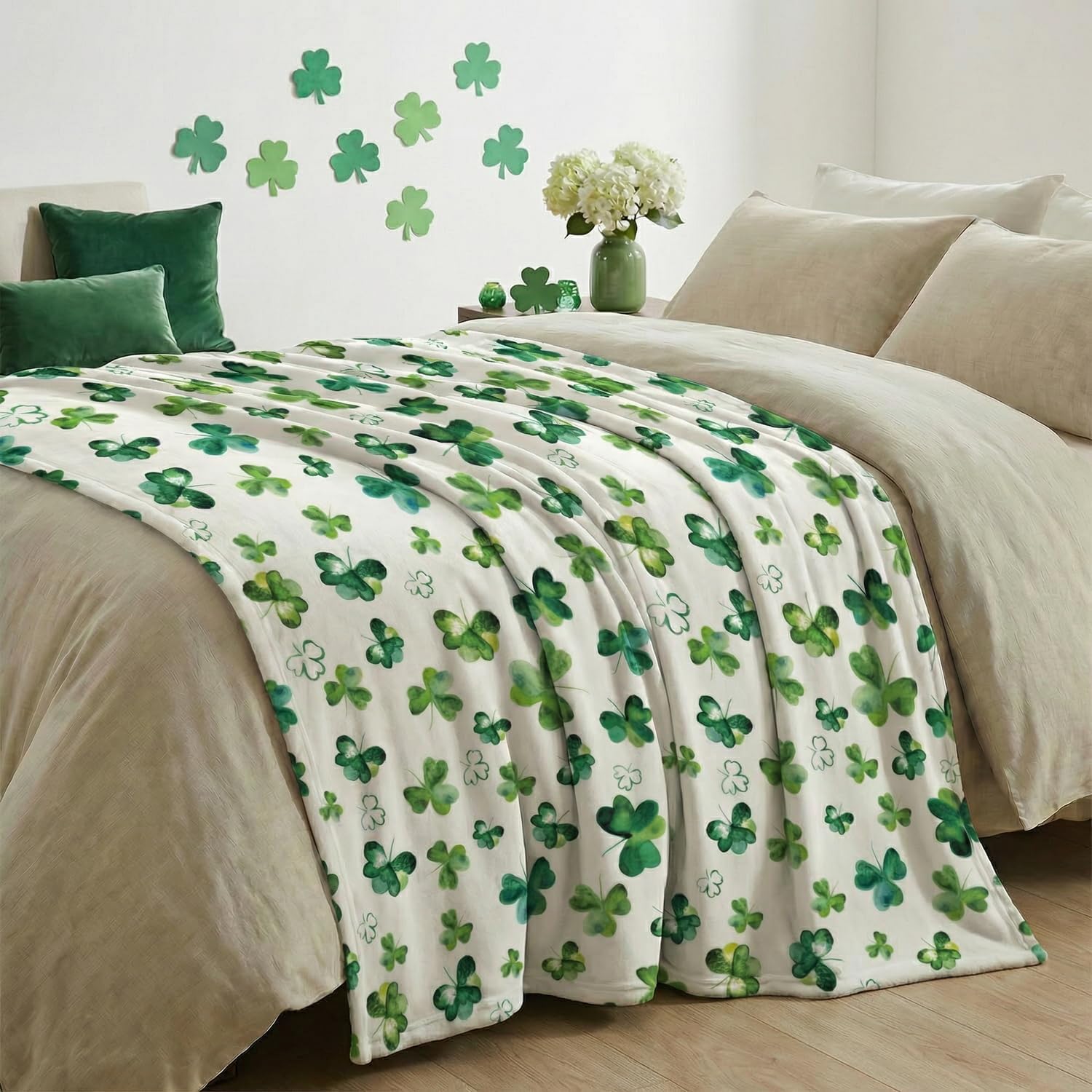 Horaldaily St. Patrick's Day Flannel Blanket Throw, Cute Watercolor Shamrock Soft Fuzzy Plush Cozy Fleece Blankets for Couch Sofa Bed Lounging, Ideal Gifts for Kids Adults Self, 50x60 - Image 3