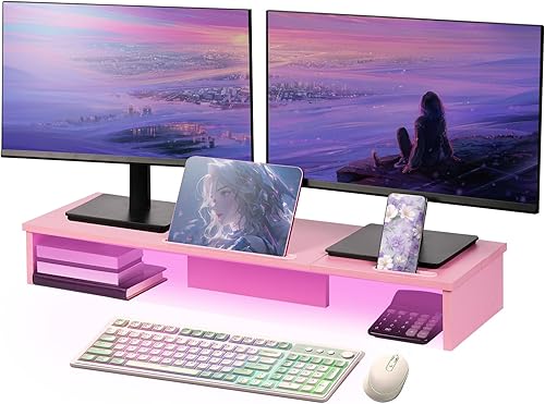 Soporte elevador de monitor doble con luces LED y soporte para tableta de teléfono, soporte de monitor grande de 35.8 pulgadas para escritorio,