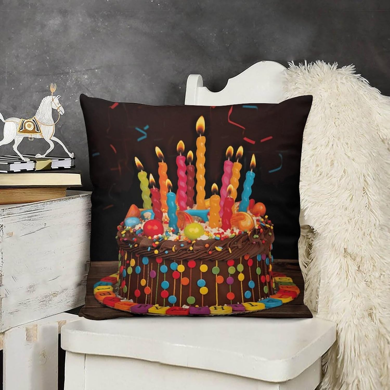16 "x16 Throw Pillow Covers Set of 4 Happy Birthday Big Cake Pillow Cover for Sofa Square Pillowcase for Couch Bed Living Room Home Decor Plush Cushion Cases