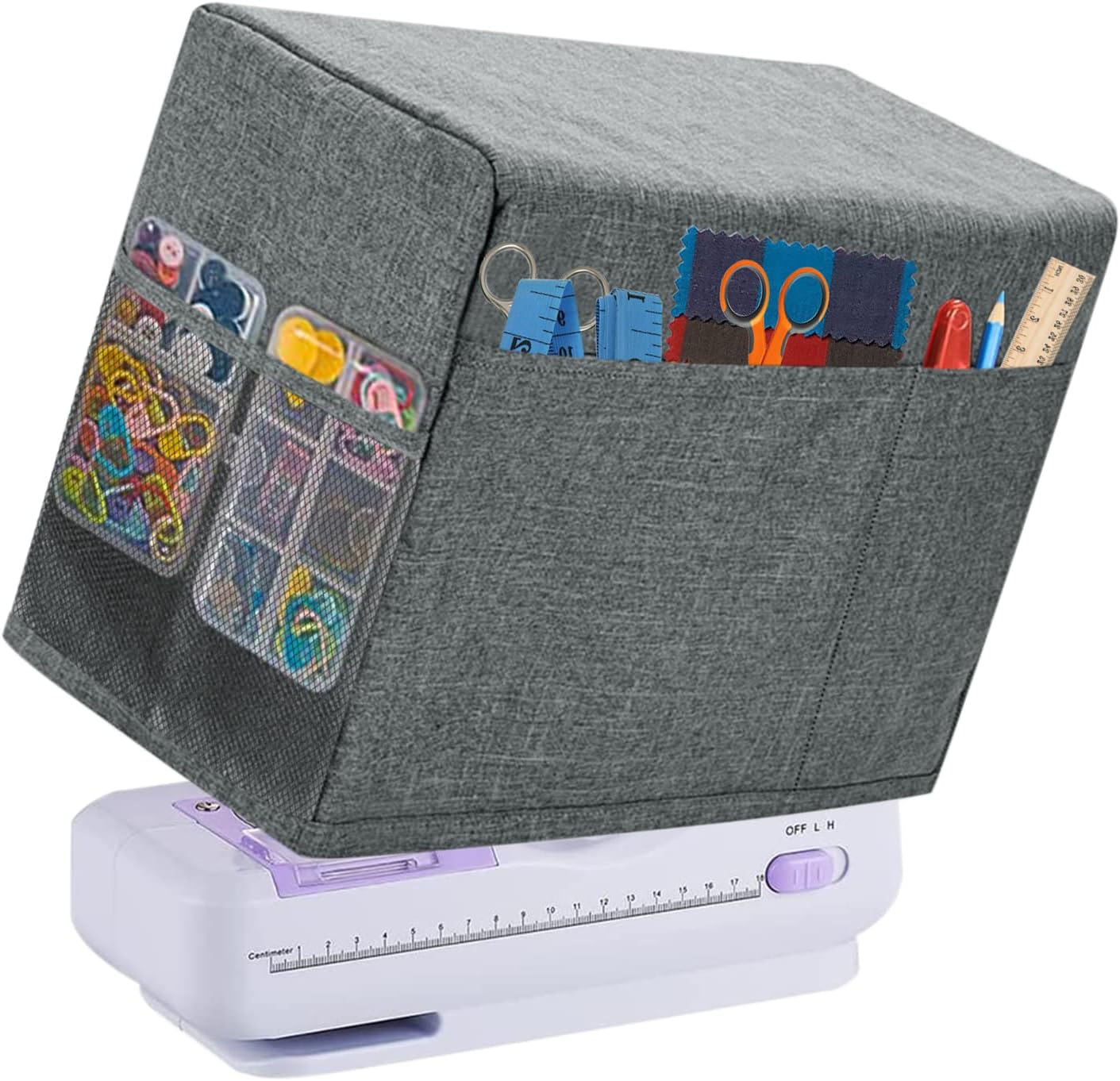 Boczif Sewing Machine Cover with Accessories Storage Pockets and Side Handle, Sewing Dust Cover Compatible with Most Standard Singer Brother Machines(Grey)