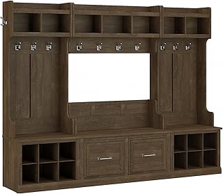 Bush Furniture Woodland Full Entryway Storage Set with Coat Rack and Shoe Bench with Doors, Ash Brown