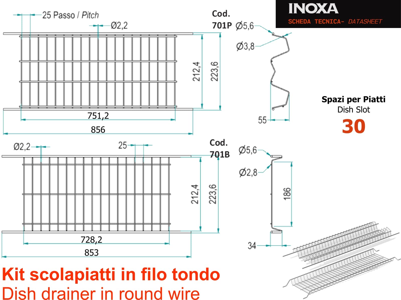 Kit Scolapiatti 86 cm acciaio inox da Incasso per Mobile Pensile cm. 90 completo di Telaio Regolabile e Vaschetta