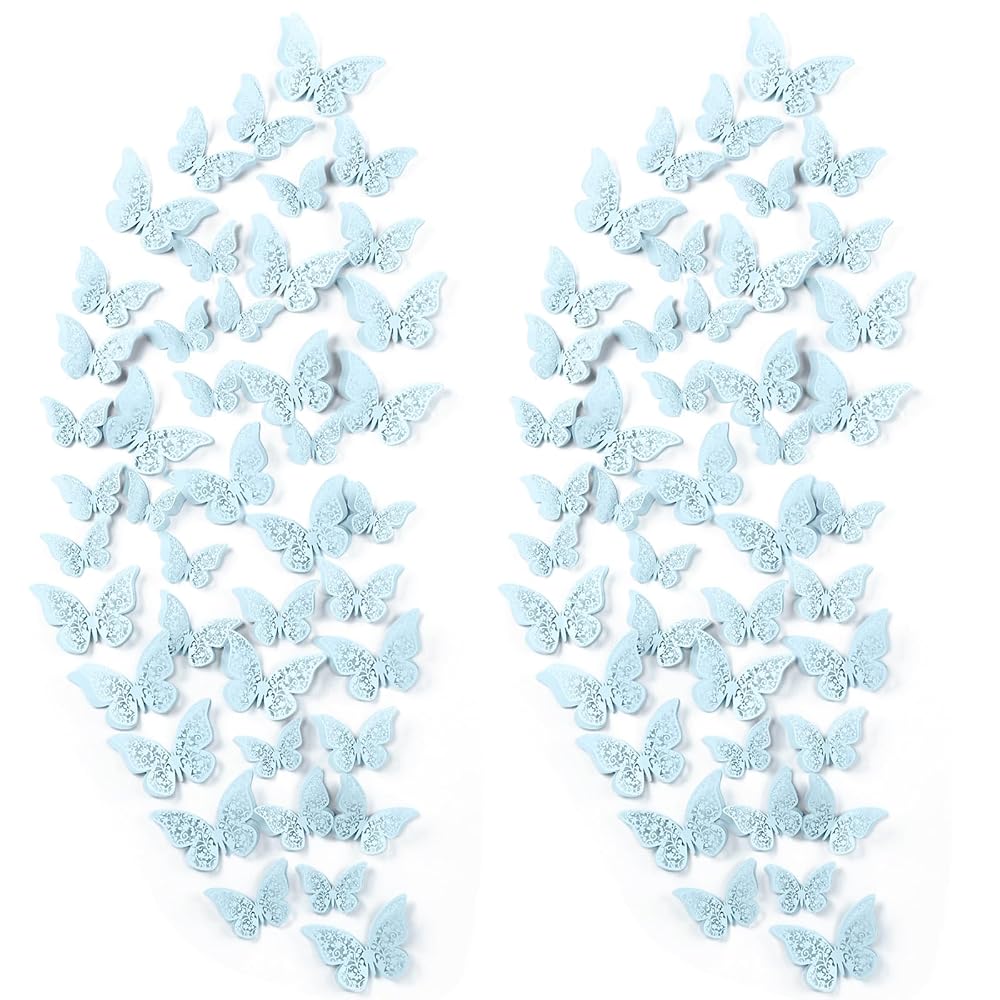 Outus 120 Pcs Blue 3D Butterfly Decorations Butterfly Wall Decor Removable for Crafts Birthday Cake Decorations Bouquet Flower Arrangements