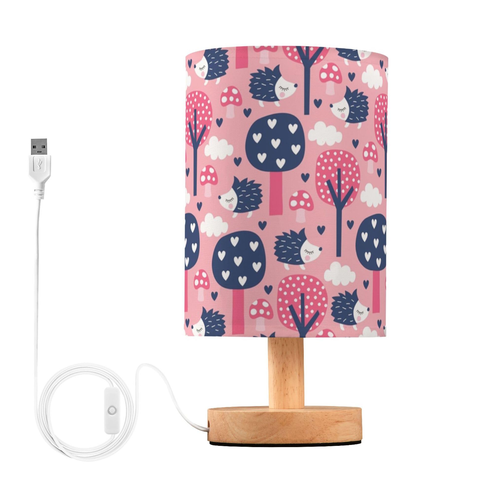 YYZZH Table Lamp Hedgehog Forest Mushroom Tree Cloud Heart on Pink Nightstand Lamp with Wood Base Fabric Lamp Shade Bedside Desk Lamp for Living Room Bedroom Kids Room Office
