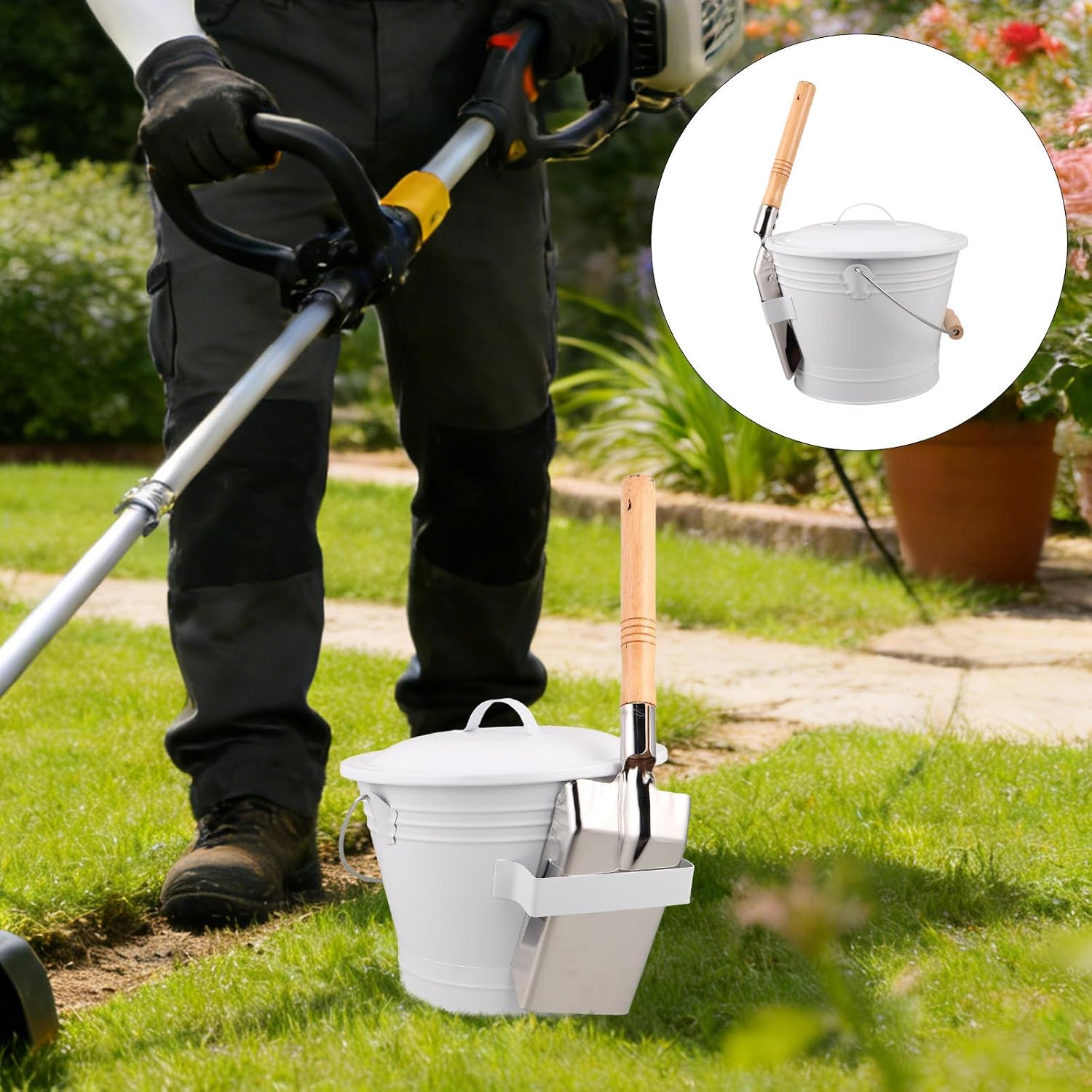 Heat-Resistant Metal Fireplace Ash Bucket with Lid Round Iron Shovel, Decorative Stove Tool Set for Handling Hot Ashes in Indoor Fireplace and Outdoor Fire Pit