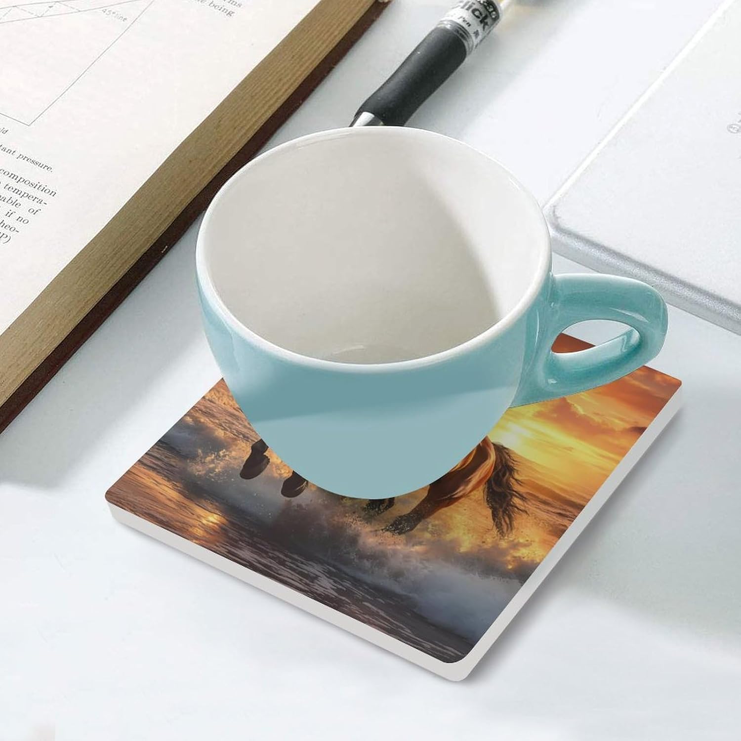 Galloping Horse Coasters for Drinks Square Ceramic Coasters Cup Mats with Cork Base