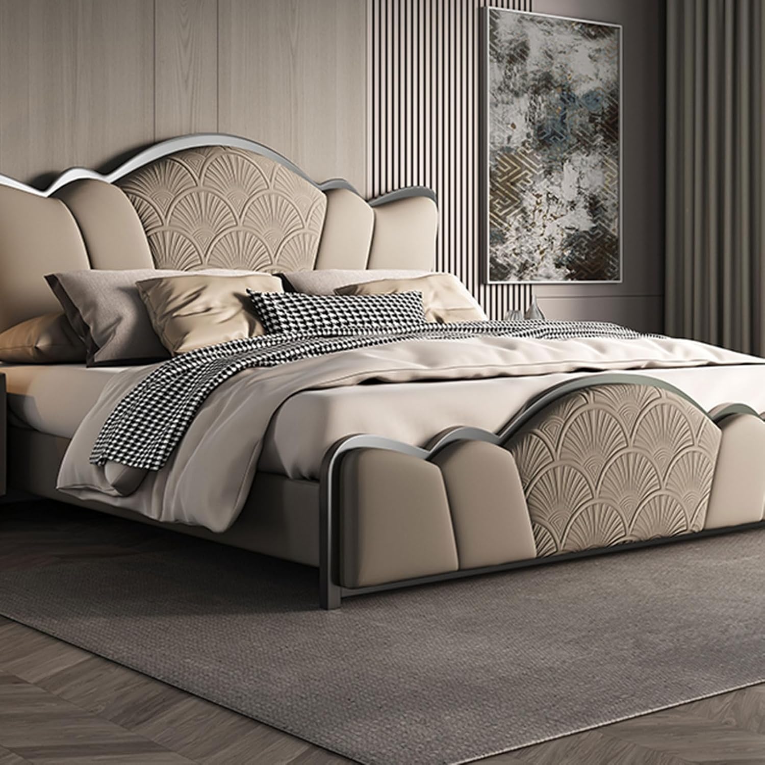 Modern Light Luxury Queen Bed Frame Ergonomic Upholstered Headboard with Heavy Duty Wooden Slat Support Noise-Free Brown