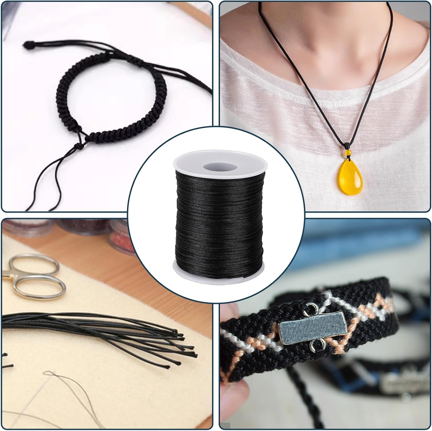 1.5mm X 110 Yards Nylon Satin Cord Black Necklace String Wind Chime Cord Replacement for Bracelet Jewelry Making Macrame Waxed Trim Cord Multi-Use Silk Cord for Braided Beading, Lanyards, Craft - Image 7
