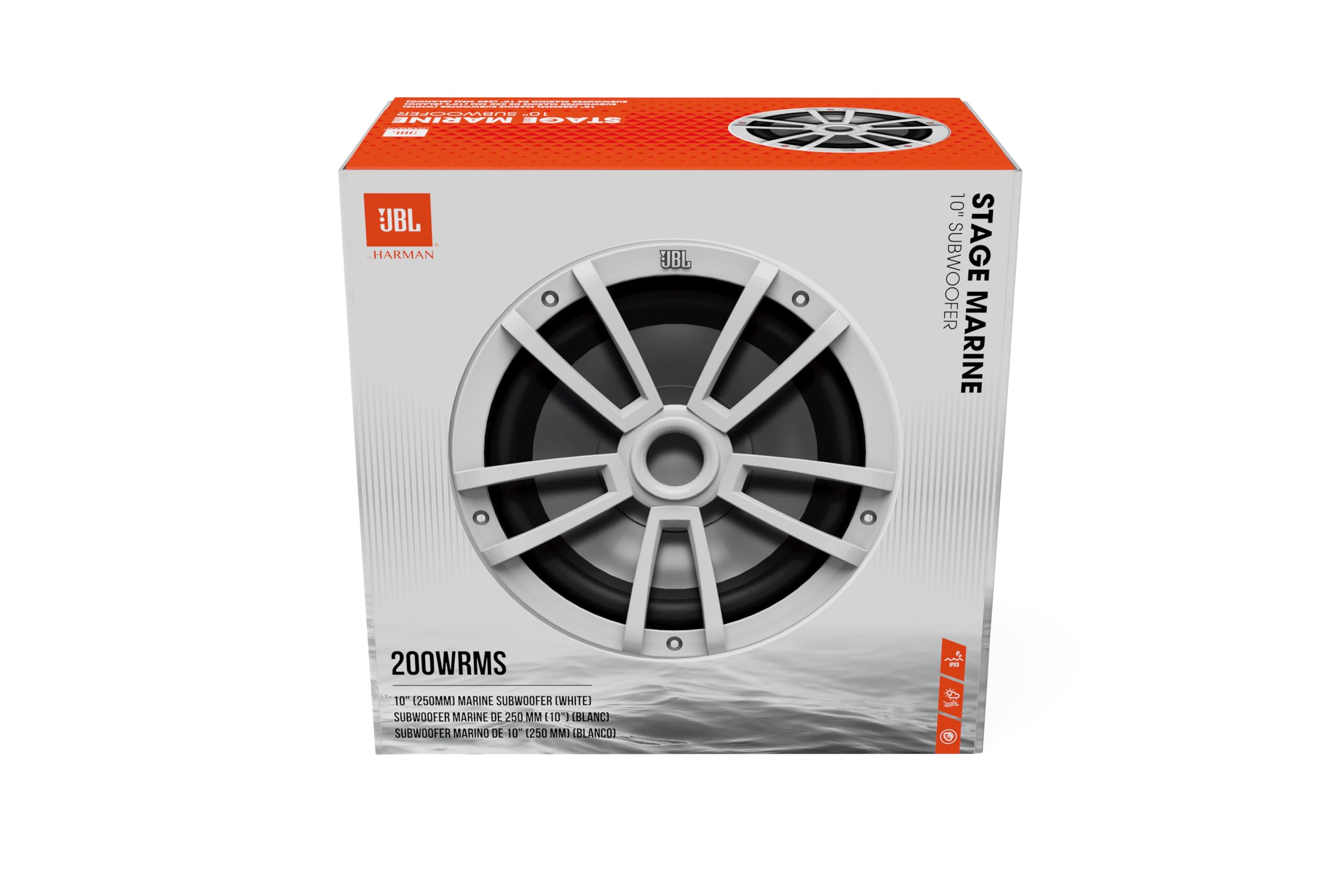 JBL Stage Marine 10 Subwoofer 250mm con 200W RMS e 600W Peak 88dB sensibilità 30Hz–250Hz 4 ohm design marino resistente ideale per imbarcazioni offrendo bassi profondi e prestazioni affidabili