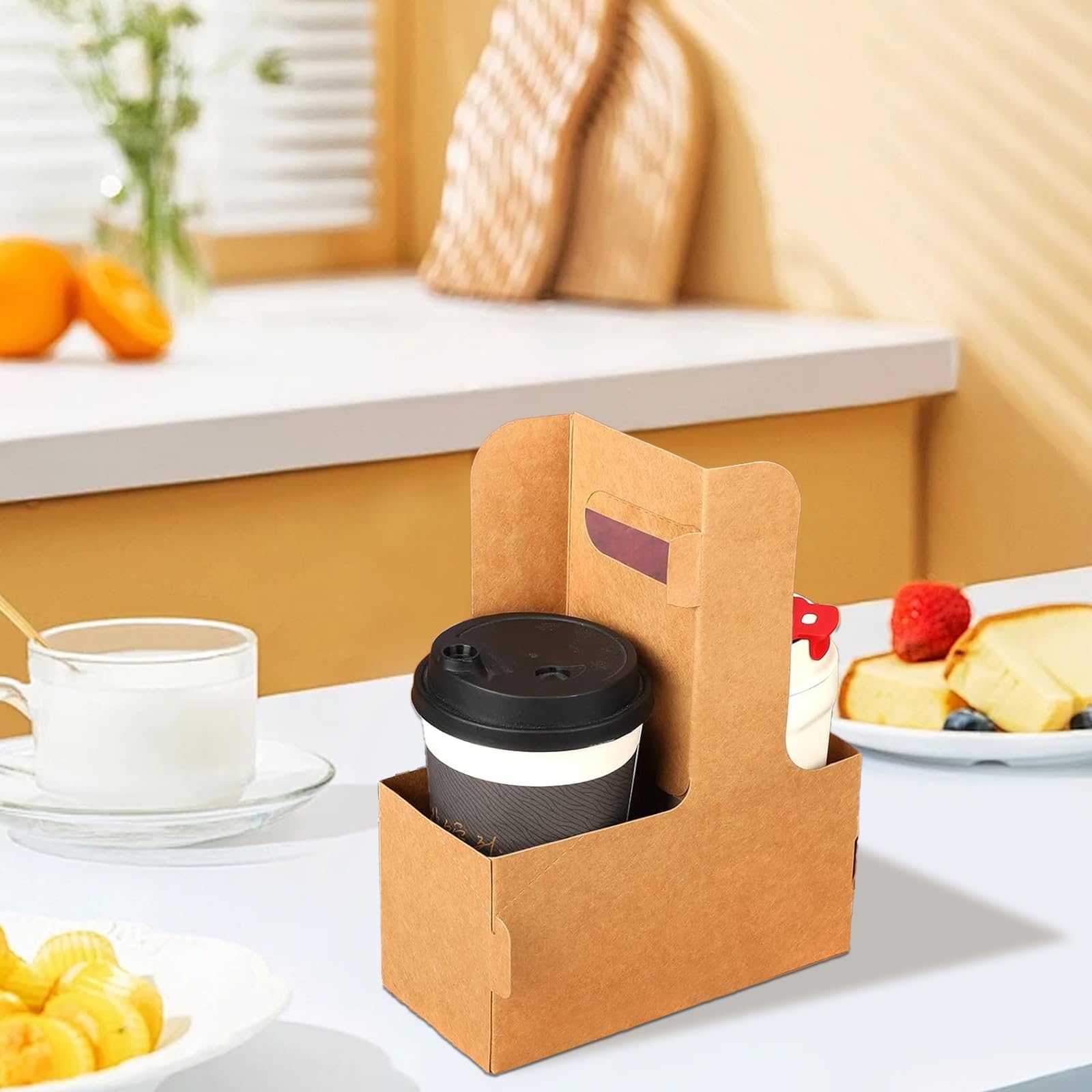 100 Stück Pappe Kaffee Getränkehalter, 2 Tassen Craft Getränketräger mit Griff Faltbarer Getränketräger aus Kraftkarton für Lieferdienste, Bar, Restaurant, Café & Take Away (Braun)