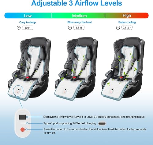 Miniatura 4 de Almohadilla de refrigeración para cochecito de bebé, enfriador de asiento de automóvil con 2 sopladores incorporados, hasta 10 horas de