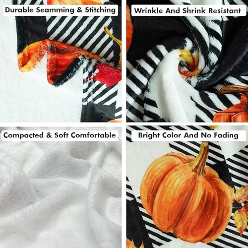 Miniatura 4 de Manta de otoño a cuadros blancos y negros para sofá de 50 x 60 pulgadas, acogedora manta de franela de otoño con hojas de calabaza de otoño y mantas