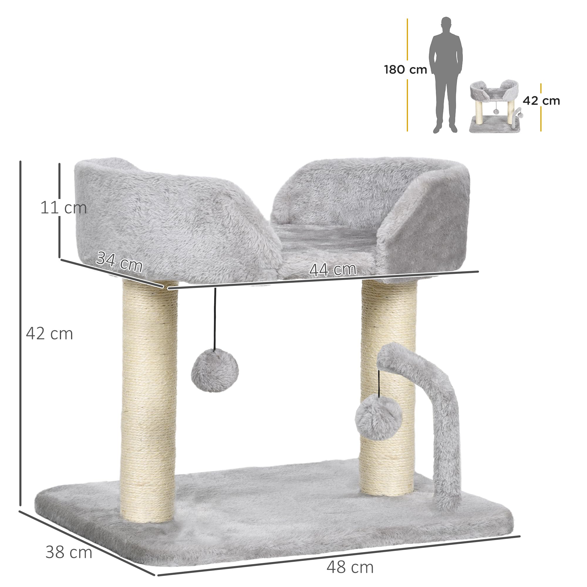 PawHut 42 cm kryty drapak dla kota, wieża do zabawy z zabawkowymi piłkami sizalowy drapak