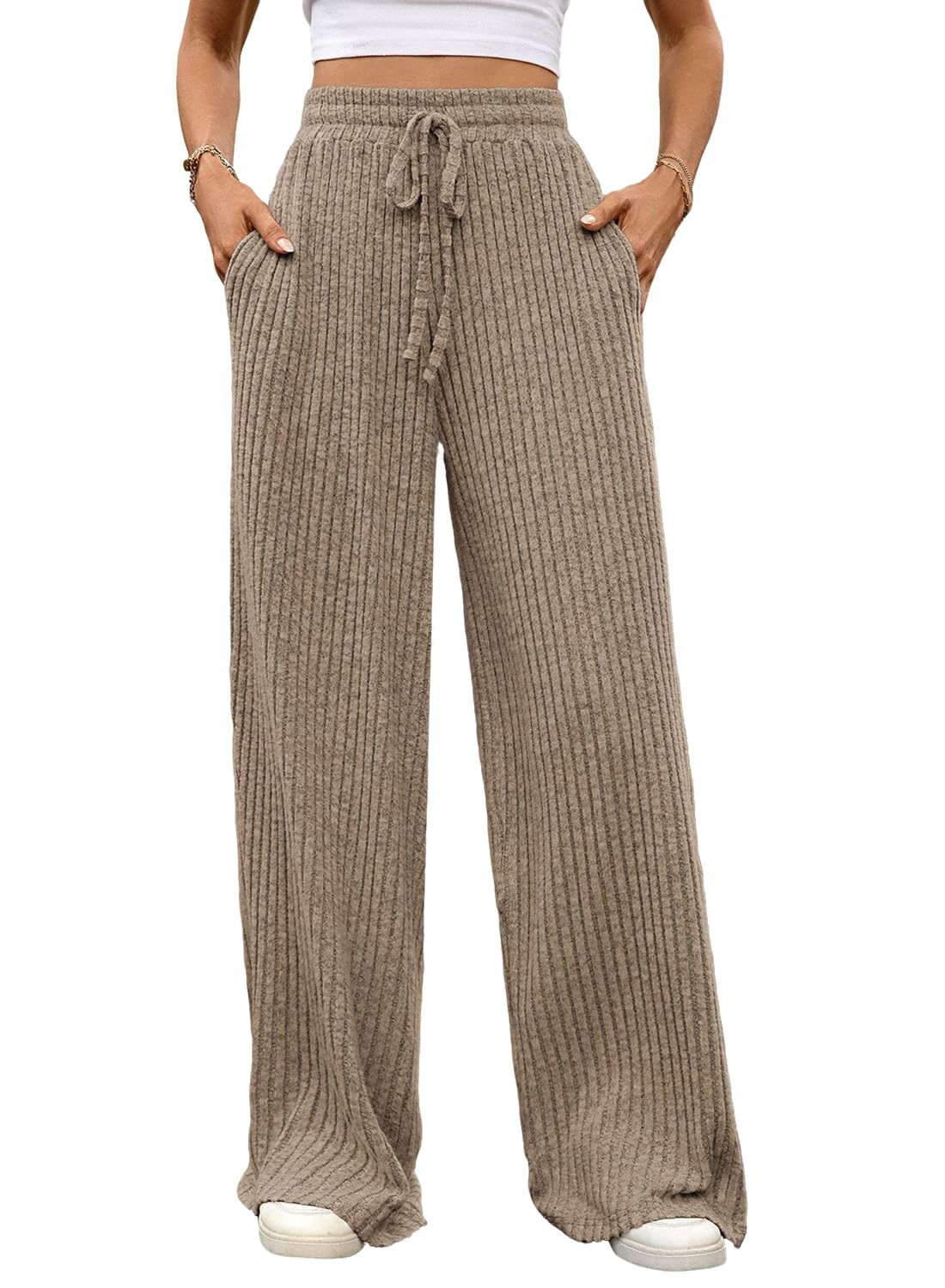 Womens Ribbed Knit Wide Leg Trousers Pants High Waist Drawstring Khaki