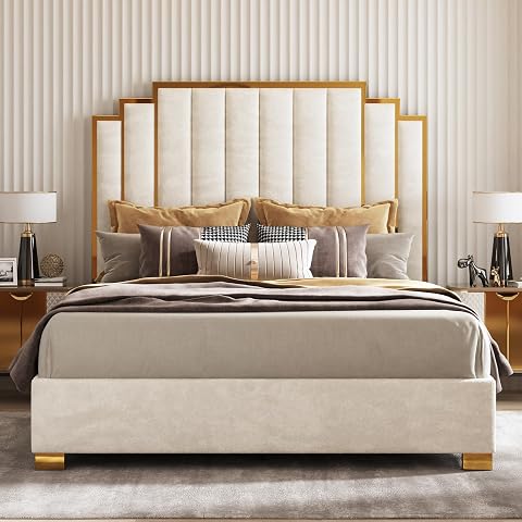 AMERLIFE California King Upholstered Platform Bed with Gold Trim Velvet Headboar