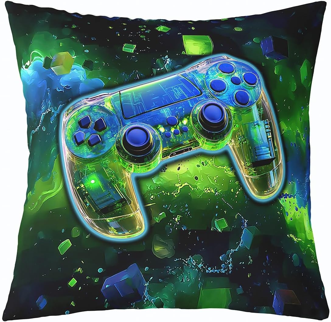 Video Game Controller Print Pillow Cover for Sofa Couch Chair,Geometric Square Modern Design Throw Pillow Case Cover,Green Gamepad Double Sides Cushion Cover Room Decor,Single Pack 22"x 22"