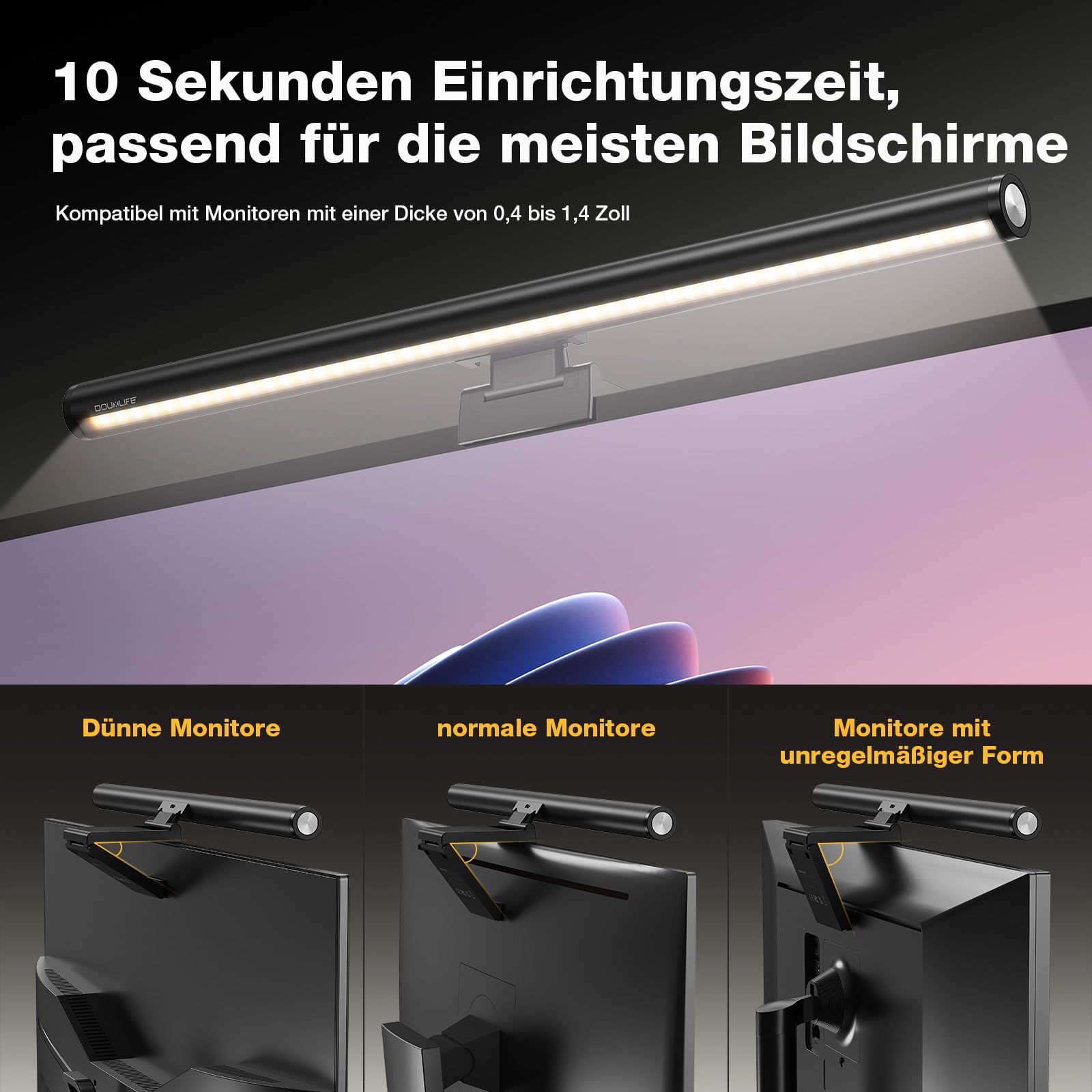Douxlife LED Computer Monitor Light Bar Screenbar mit Touch Control und Fernbedienung, USB aufladen Büro bildschirm lampe, Stufenlos Dimmbare Helligkeit & Farbtemperatur Augenschutz für PC Schwarz