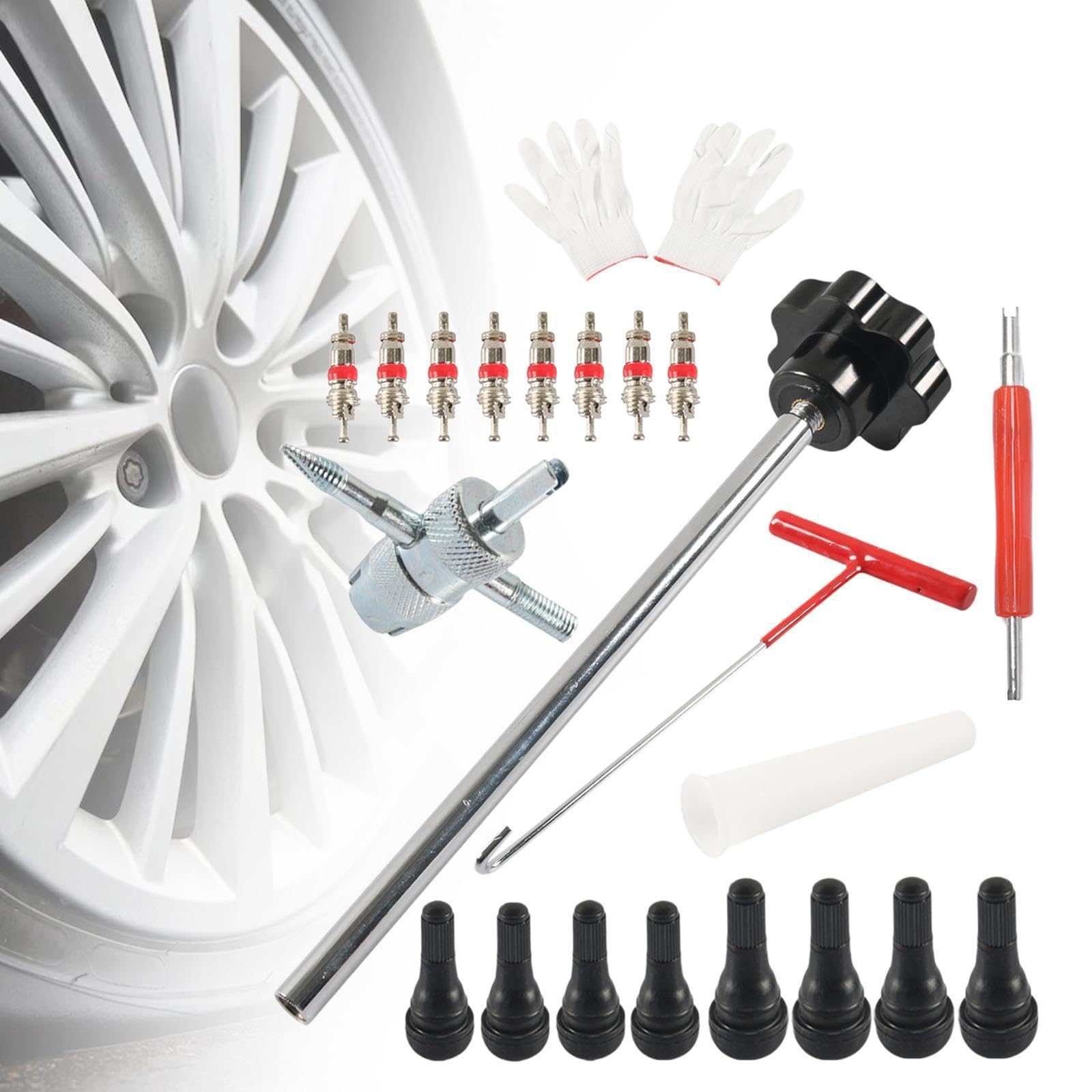 4 Piezas Kit para Reparación de Válvulas de Neumáticos con Instalador de Válvulas Extractor de Núcleos Accesorios Universales Y Resistente Al Desgaste, Negro 22 Piezas