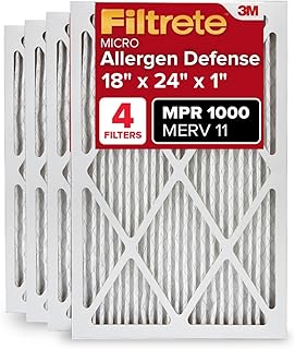 Filtrete 18x24x1 AC Furnace Air Filter, MERV 11, MPR 1000, Micro Allergen Defense, 3-Month Pleated 1-Inch Electrostatic Air Cleaning Filter, 4 Pack (Actual Size 17.81x23.81x0.81 in)