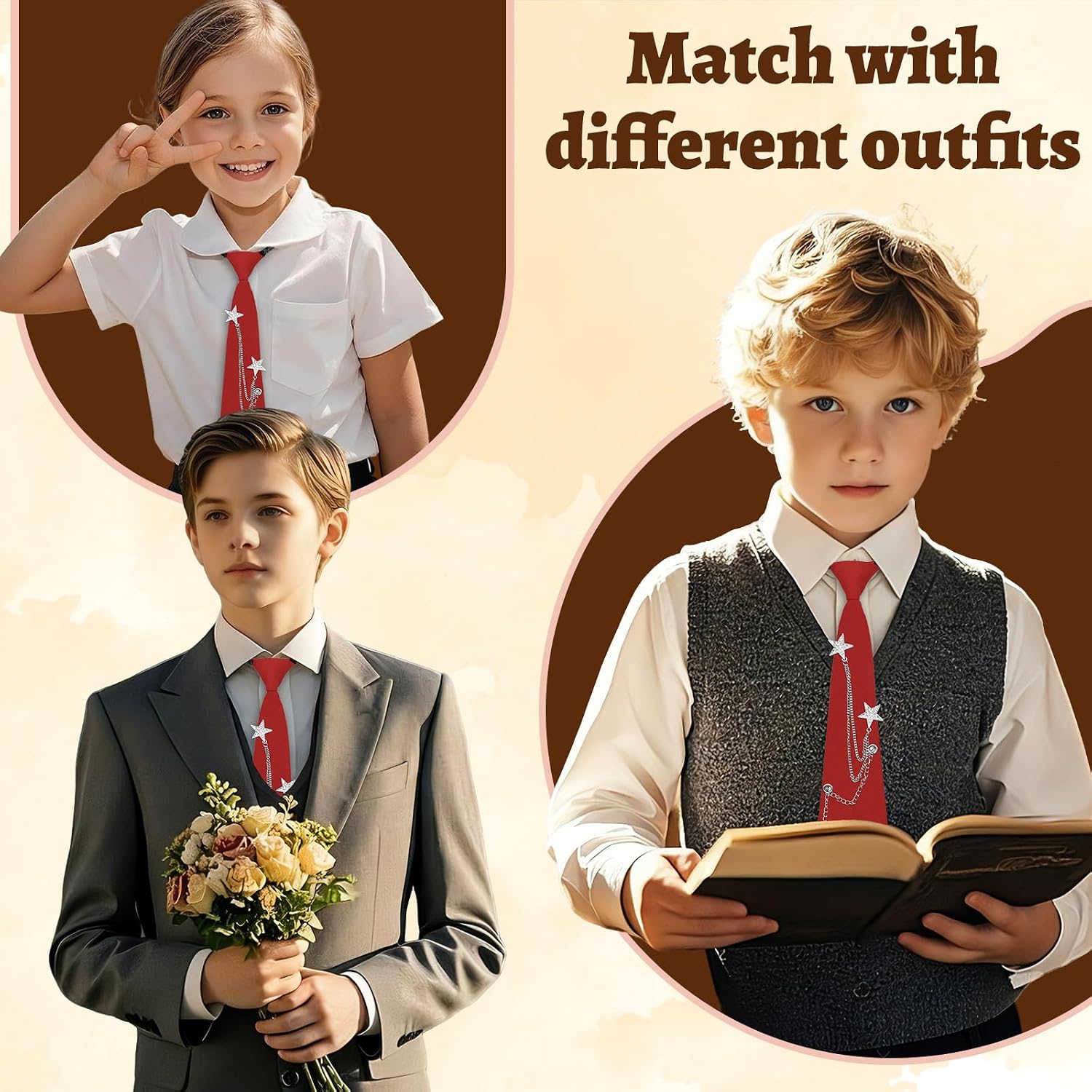 Boys Ties 8-10, Pre tied Toddler Kids Tie with Metal Chain Solid Clip on Ties for Boys Girls for School Uniform Shirt