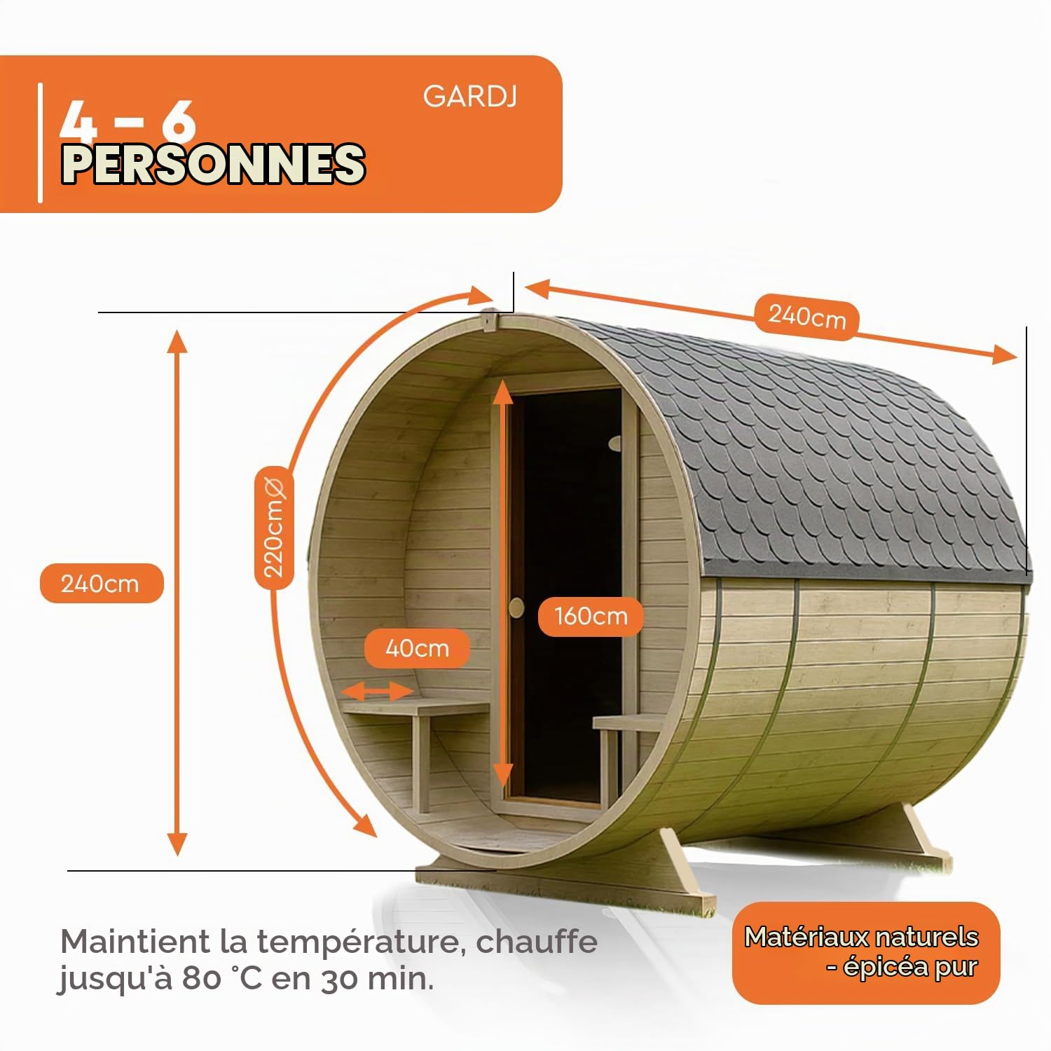 Fasssauna de jardin pour extérieur en épicéa nordique – Différentes tailles (2–6 personnes) – Choix entre four en bois ou électrique – Kit d'accessoires inclus (240 cm, Ronde, Four électrique)