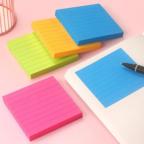 Miniatura 6 de Notas adhesivas forradas de 3 x 3 pulgadas, notas adhesivas con líneas, notas autoadhesivas, color brillante, 4 blocs de 90 hojasbloc (brillante)