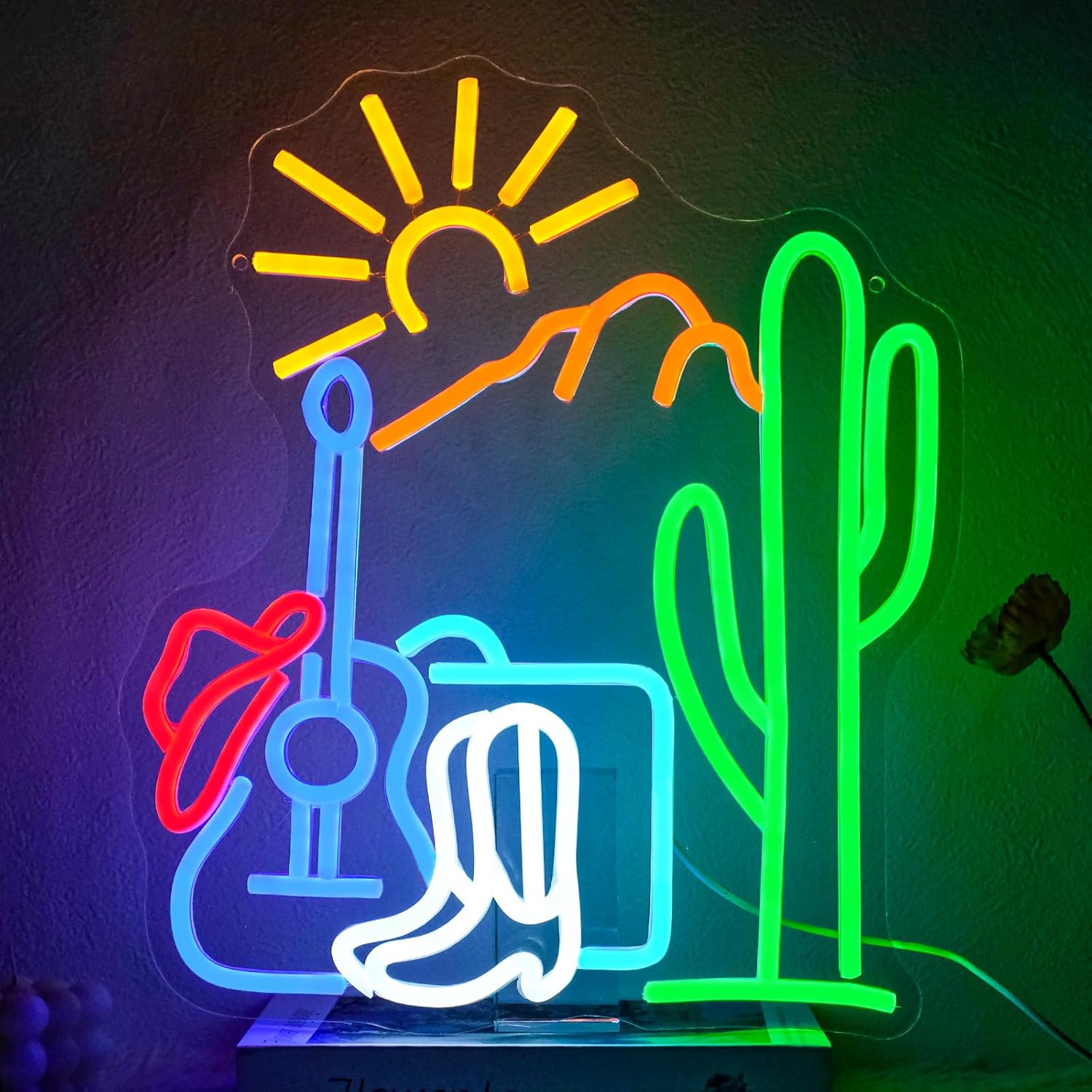 Cactus Sunset Neon Sign Dimmable Western Hat Cowboy Neon Light Sign for Wall Decor Desert Cowboy Boots Led Signs for Man Cave Farm Bar Pub Living Room Bedroom Decor Gift 12.8" x 15"