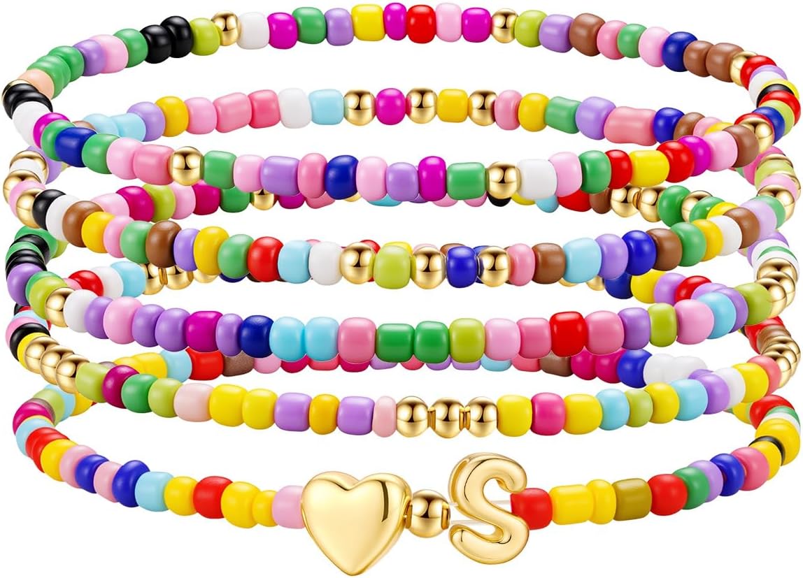 M MOOHAM Valentines Gifts for Kids - 5PCS Colorful Beaded Initial Bracelets for Girls Women Cute Stretch Heart Letter Bracelet Initial Stackable Bracelet Birthday Gift Jewelry for Kids Teen Girl